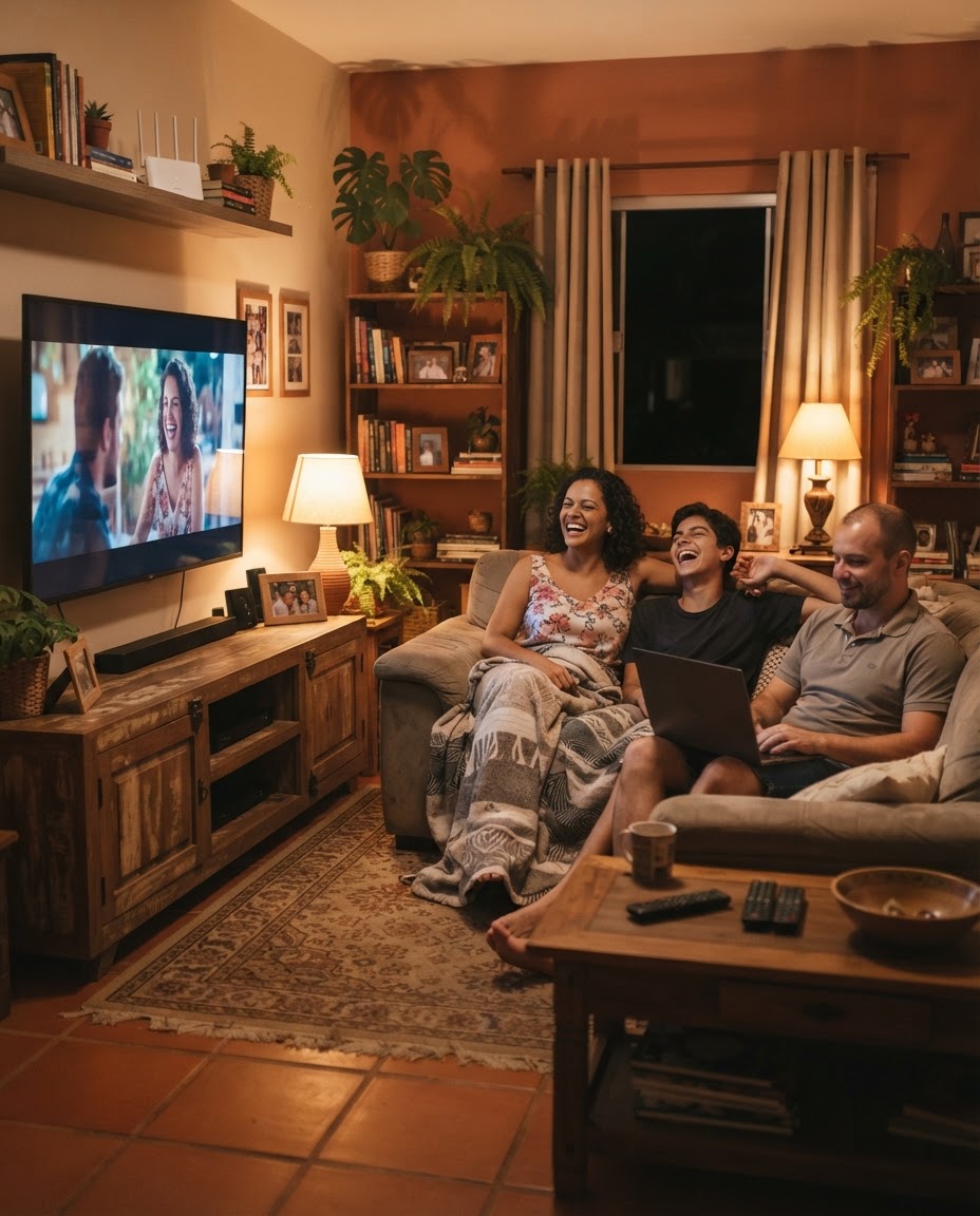 Família usando a internet fibra da Sertão Net Fibra